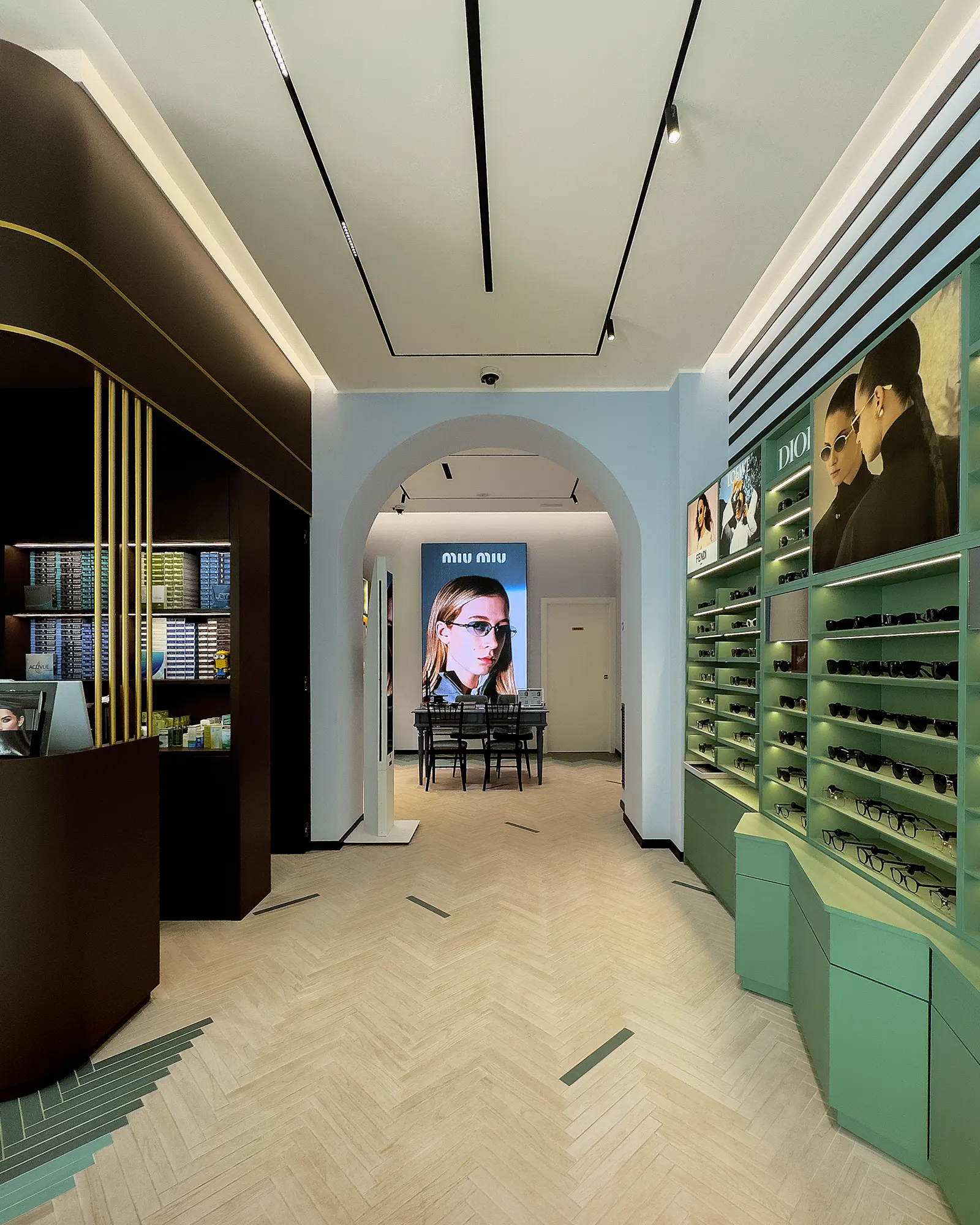 Display of premium eyewear from the Miu Miu and Dior brands at the premium optical store Milan
