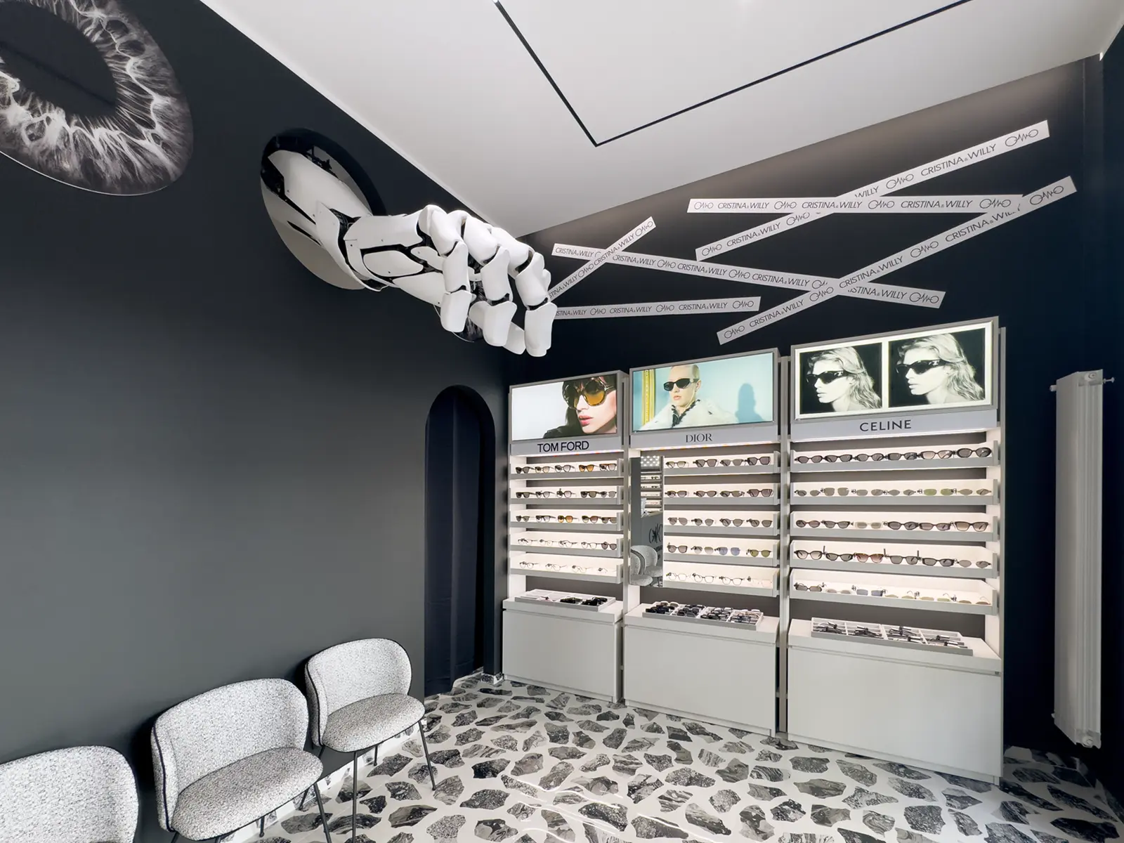 Optical store Milan with premium services and luxury eyewear retail: display of Tom Ford, Celine, and Dior brands